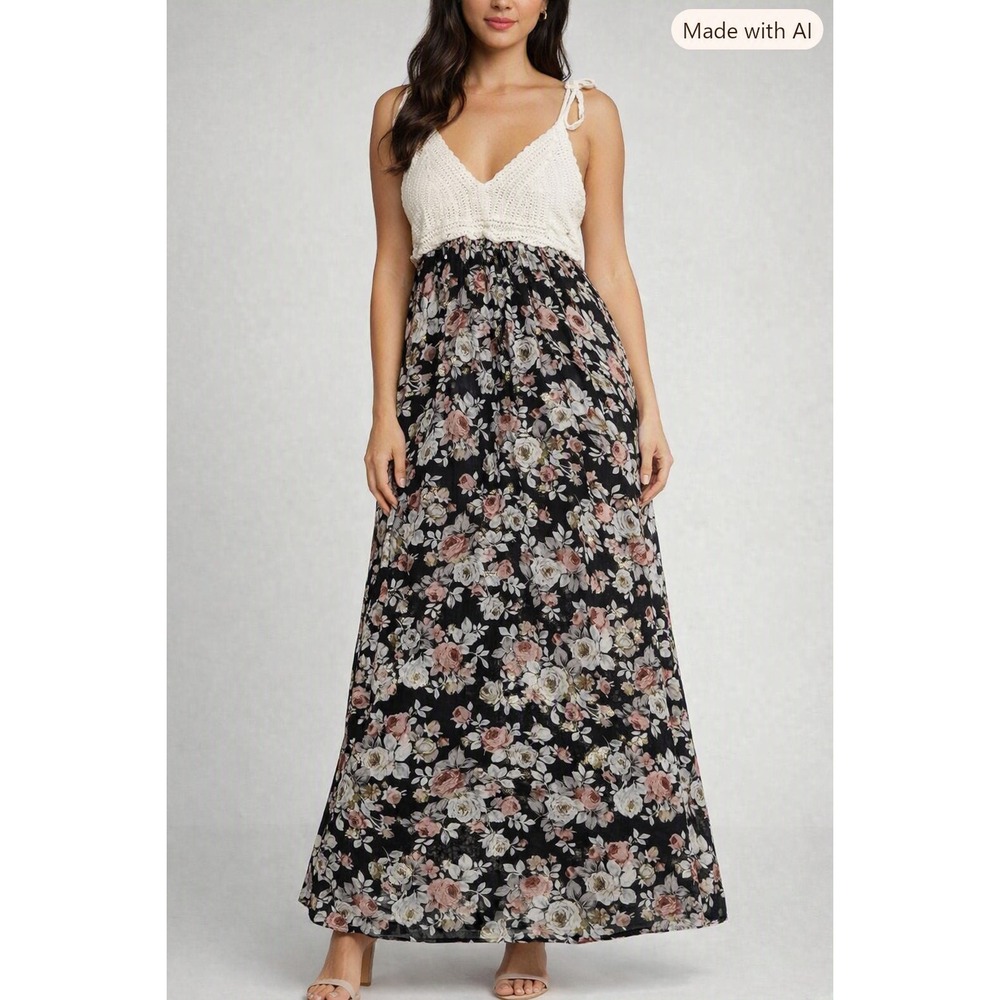 Oboe Maxi Halter Dress Womens Medium Black Floral Crochet Chest Boho